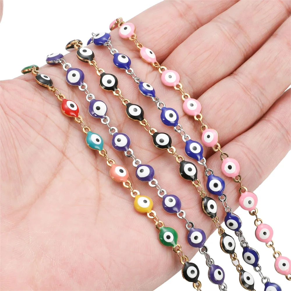 1M Gold Color Stainless Steel Heart 6mm Evil Eye Beads Chain for Bracelets Necklace Ankles Jewelry Making DIY Accessories