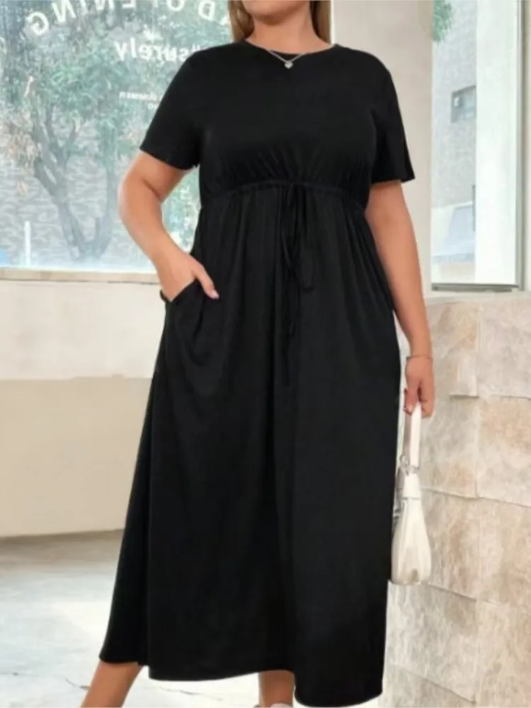 Plus Size Summer Short Sleeve A-Line Long Dress Women Slim Waist Fashion Ruffle Pleated Loose Ladies Dresses Casual Woman Dress