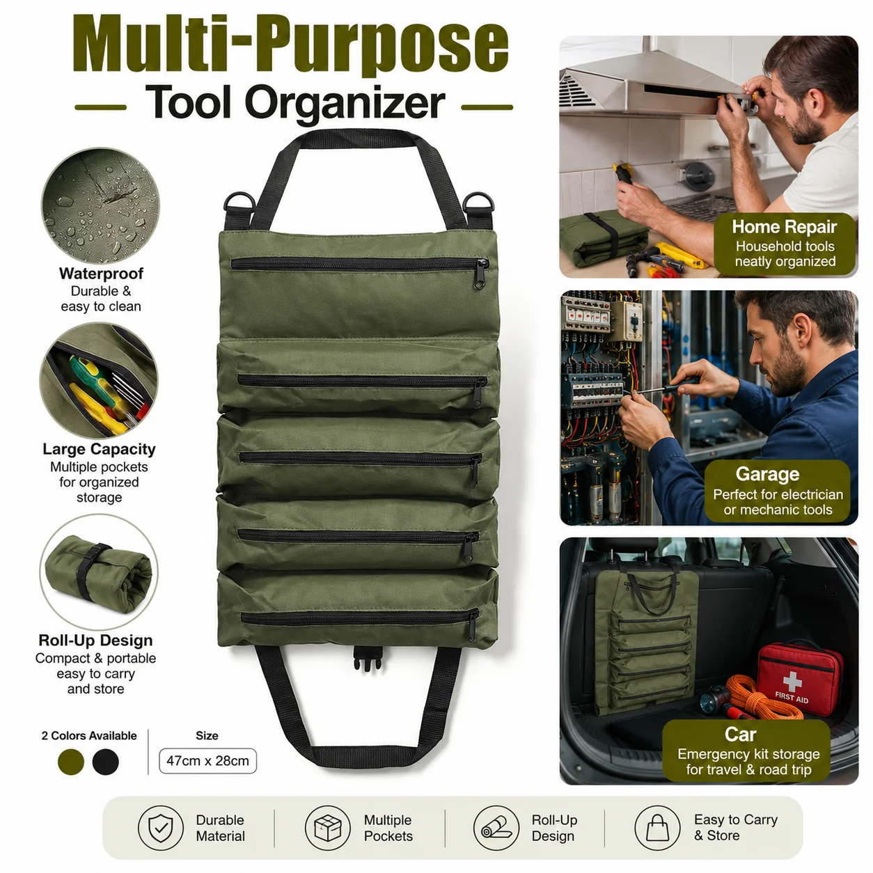 Heavy Duty Roll Up Tool Bag, Oxford Fabric Multi Tool Organizer for Mechanics Electricians Carpenters, Garage Storage