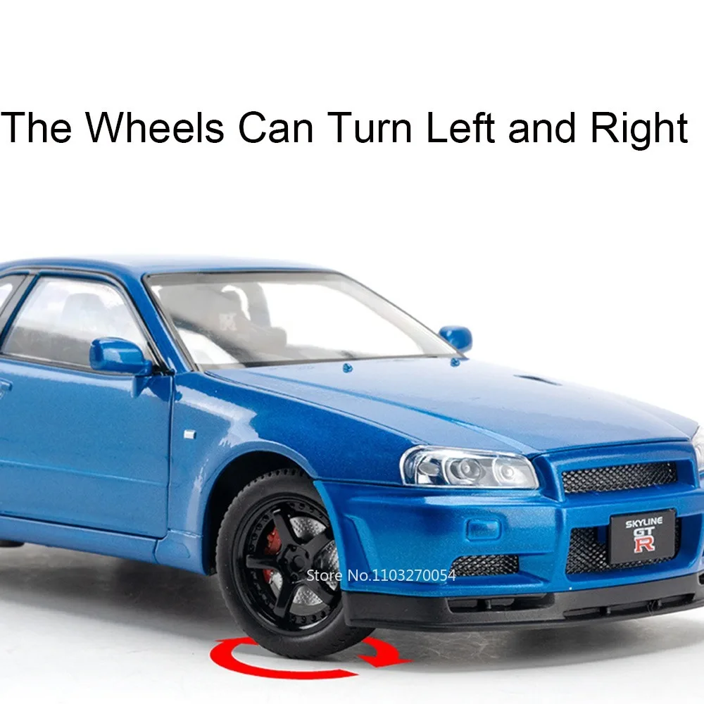 รถของเล่นโมเดล GTR R34 สเกล 1/24 ผลิตจากโลหะผสม ดีไซน์รถสปอร์ต มีเสียง มีไฟ ดึงหลังวิ่งได้ 4 ประตูเปิดได้ ยางแบบยาง ของเล่นสำหรับเด็กผู้ชาย