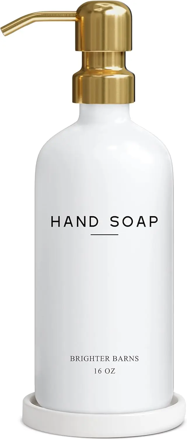 

Luxury Glass Hand Soap Dispenser with Stainless Steel Pump & Round Tray - White and Gold Bathroom Decor