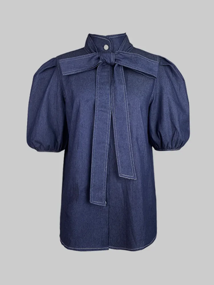 Beautyblue المرأة موضة عالية الرقبة تقليد قمصان جينز نفخة الأكمام البلوزات الصيف جديد عادية بلون ربطة القوس فيونكة القمم الإناث