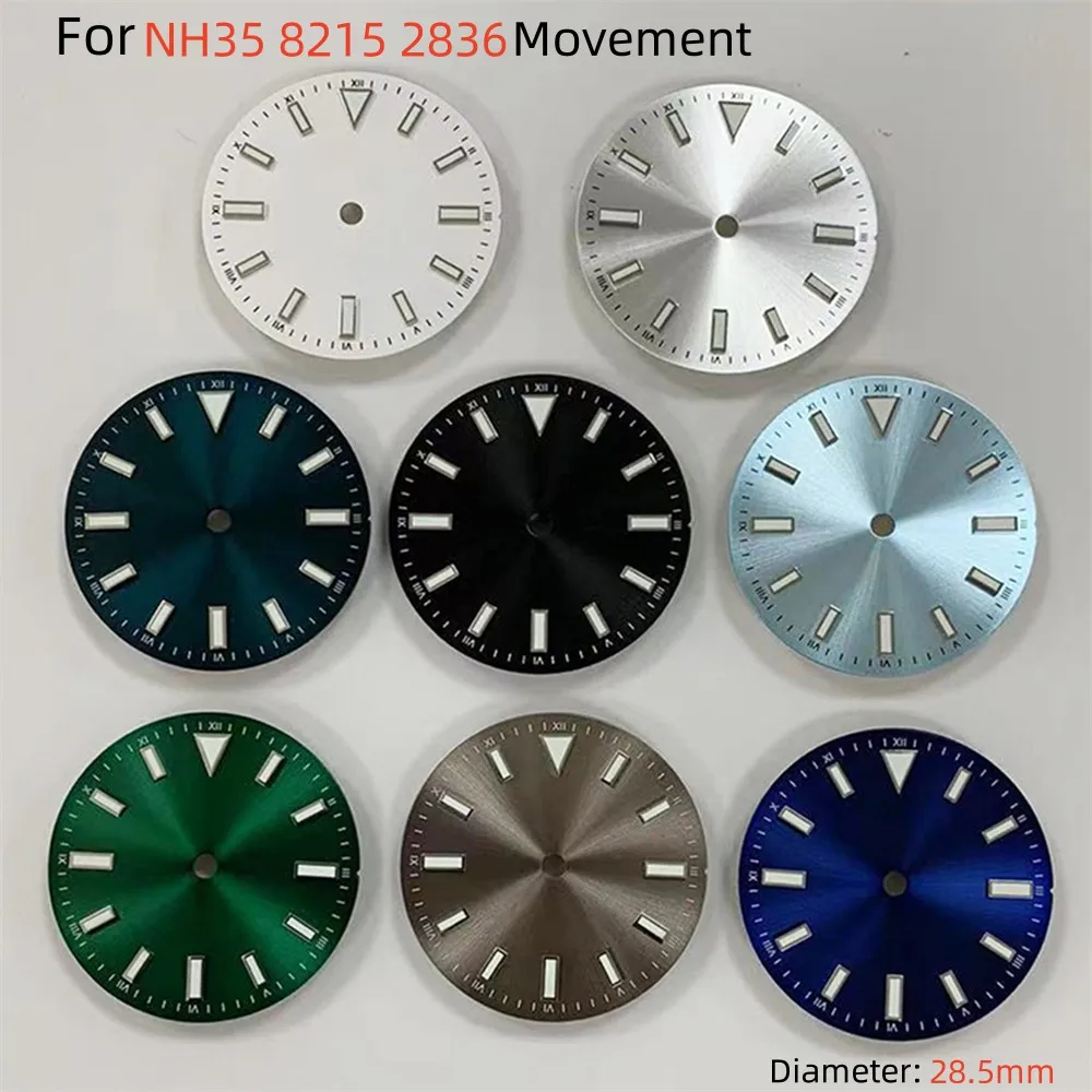 28.5MM Green Luminous Dial Stamples Hour Marker Sunray-pattern Watch Dial for NH35 8215 ETA2836 2813 Movement Watch Accessories
