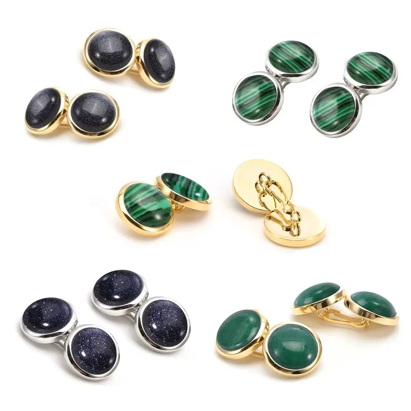 Luxury Round Natural Malachite Gem French Sleeve Chain Cufflink Double Sided Buckle Cuff Links for Mens Wholesale