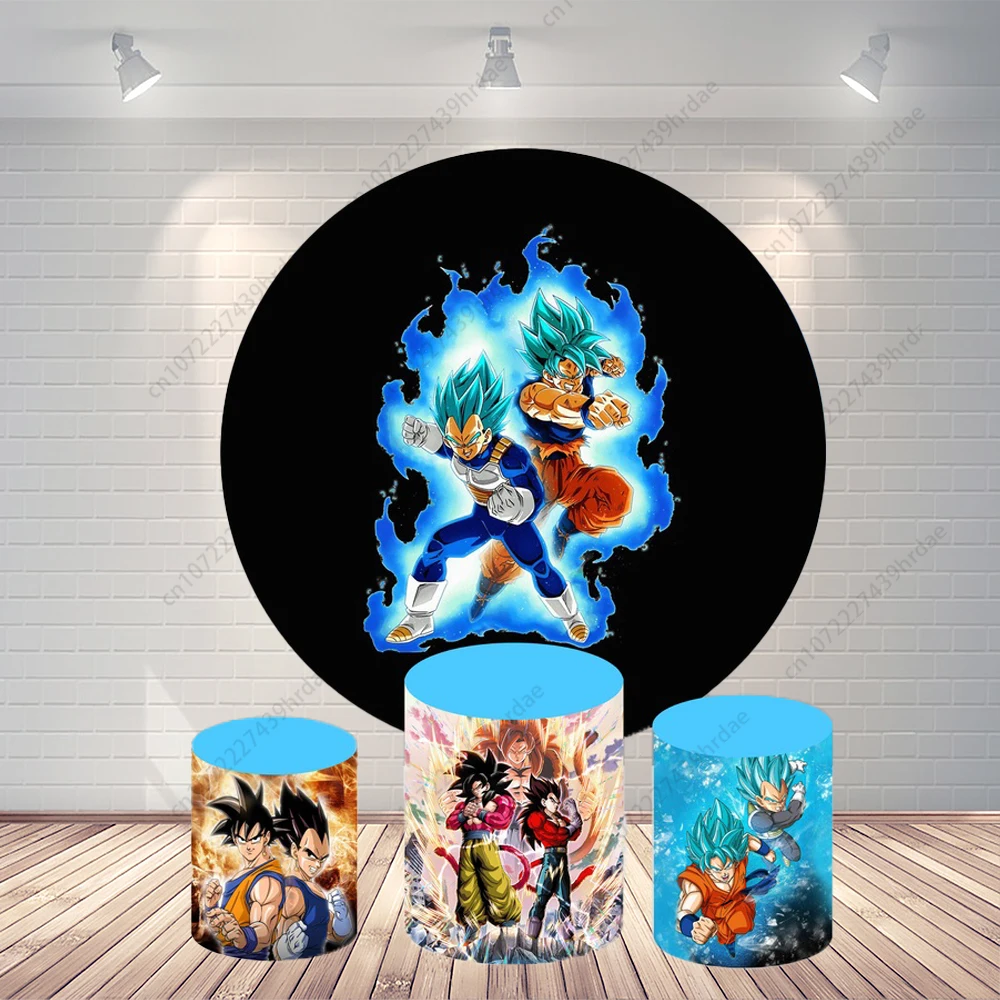 

Dragon Ball Round Background Cover Boys Birthday Party Backdrop Baby Shower Goku Vegeta Super Saiyan Circle Cylinder