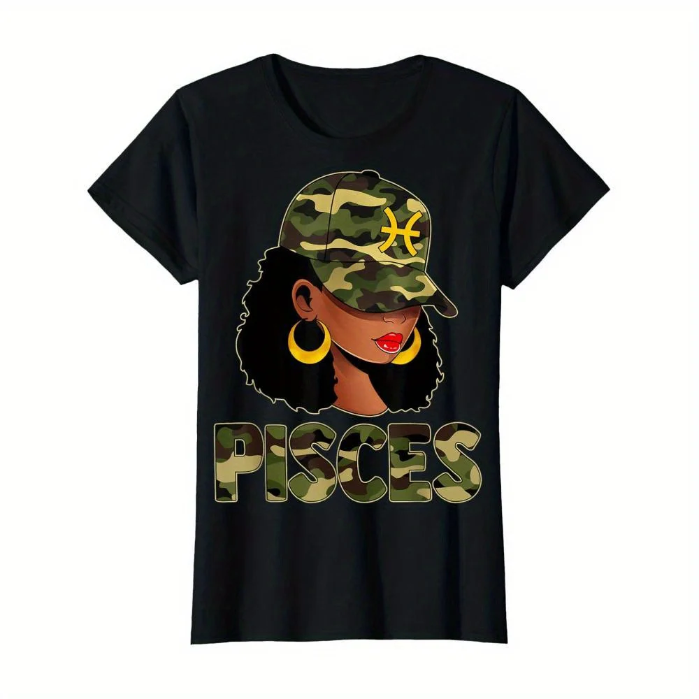 

Women's Pisces Queen Camouflage Print T-Shirt - Zodiac Sign Tropical Design with Golden Accents, Casual Short Sleeve Black