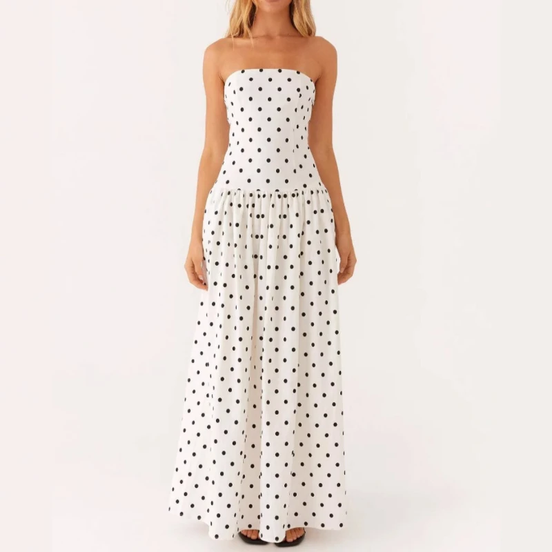 

Spring Summer Women'S Dress Off Shoulder Bra Dot A Line Maxi Long Spice Girl Printed Sexy Tube Top Dress Vitnage Evening Party