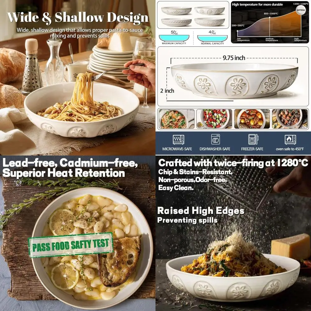 

Большой набор мисок для пасты и салатов объемом 50 унций, 9,75-дюймовые обеденные тарелки, белые суповые миски, безопасны для микроволновой печи и посудомоечной машины