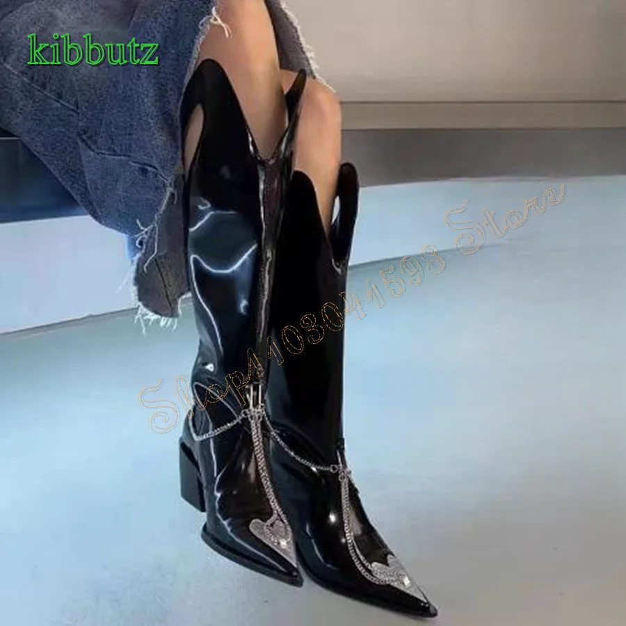 

Heart Shaped Chain Leather Boots for Women,Pointed Toe Leather Block Heel Knee High Boots Plus Size 2023 New Zapatos Para Mujere