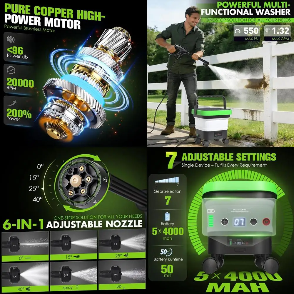 

Портативная мойка высокого давления 3,5 галлона с насадкой 6-в-1, давлением 550 PSI, шлангом 16,7 футов и 5 аккумуляторами по 4000 мАч для чистки автомобилей