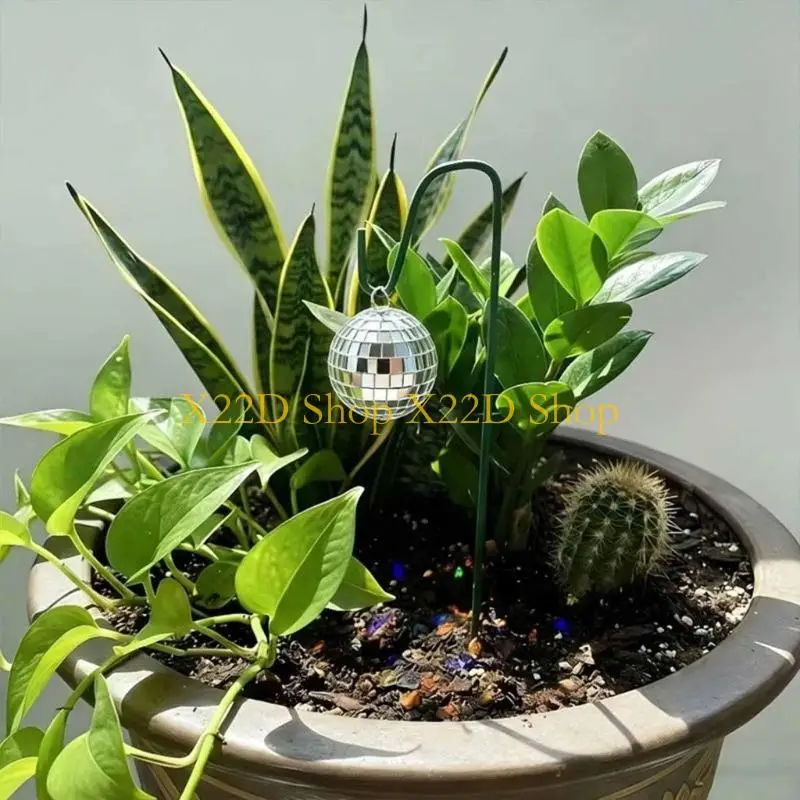 X22D Garden Stake with Mirror Ball and Green Metal Hook for Lawn Flower Border and Outdoor Yard Placement Use