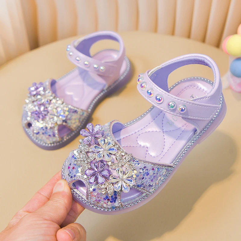 *Fashionable Hot Selling Rhinestone Girls Casual Sandals Summer New Round Toe Elegant and Comfortable Princess Flat Sandals