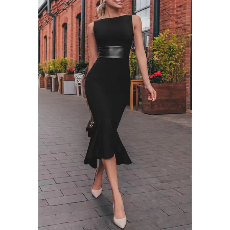 

Women' Fall/winter Line Neck Slim-fit Wrap Buttock Fishtail Dress Back V-neck Solid Color Temperament Patchwork Sleeveless Dress