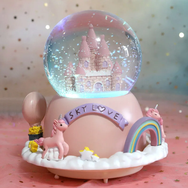 Unicorn castle crystal ball external rotating music box music box snow to send girlfriends couple gifts girl heart