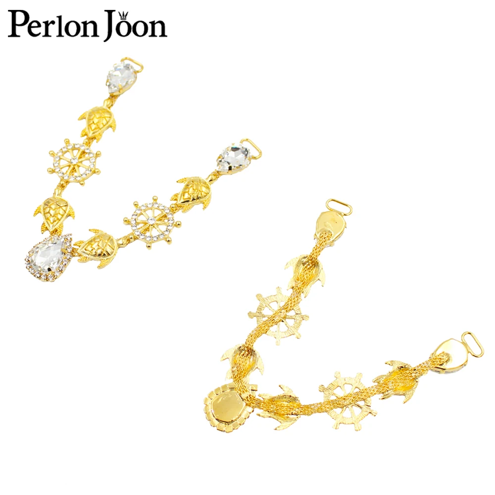 1 Pair Gold Tortoise Ocean Beach Style Crystal Rhinestone Shoe Chain Flip Flops Decorative Accessories XL015