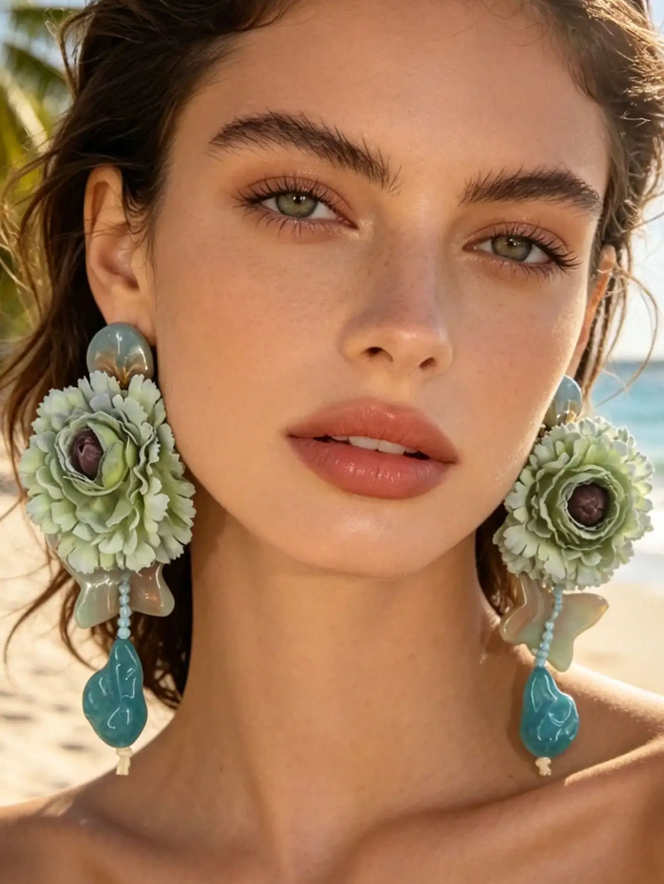 Boucles d'oreilles longues romantiques à motif floral pivoine, breloques papillon en résine marbrée, pompon perlé en pierre bleue brillante irrégulière, style bohème tendance