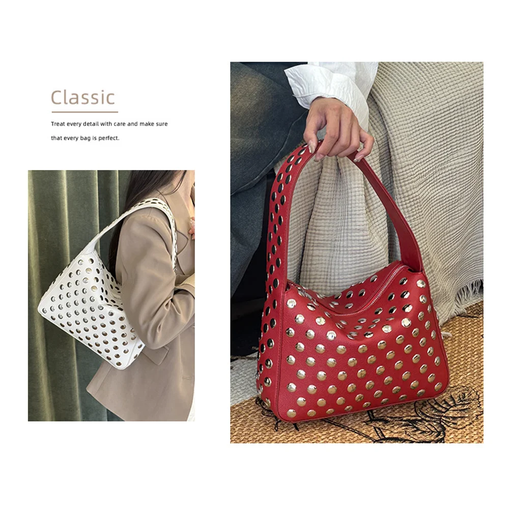 Хит продаж, женская большая вместительная новая повседневная персонализированная модная универсальная сумка на плечо с заклепками в мотоциклетном стиле