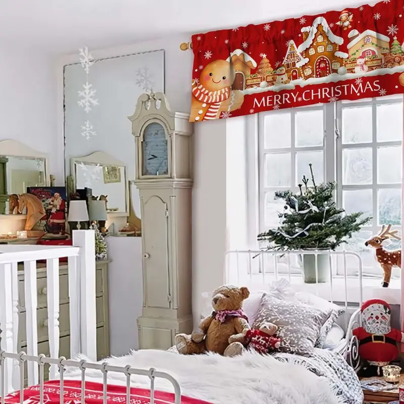 VIKAMA Red Gingerbread House Village Cookie Man Holiday Greetings Christmas Short Window Curtain Cute Cartoon Festive Home Decor