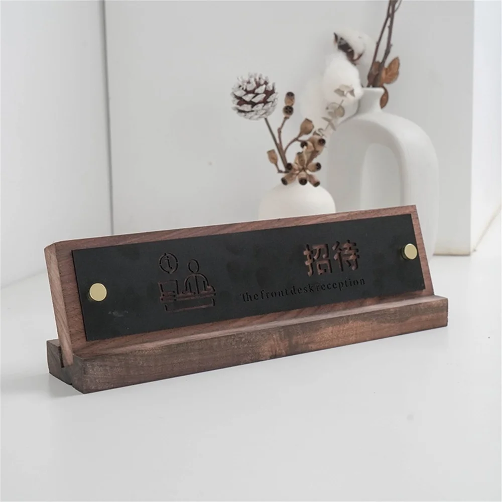 Walnut Nordic Lobby Front Cashier Card Senior Hotel Service Center Desk Sign Wood Reception Board Stand Holder Custom Letter