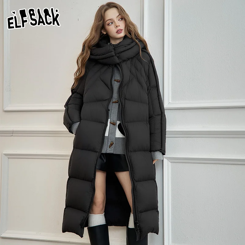 

ELFSACK 2024 Winter New Arrivals Simple long hooded down jacket for women Zipper thick warm coat