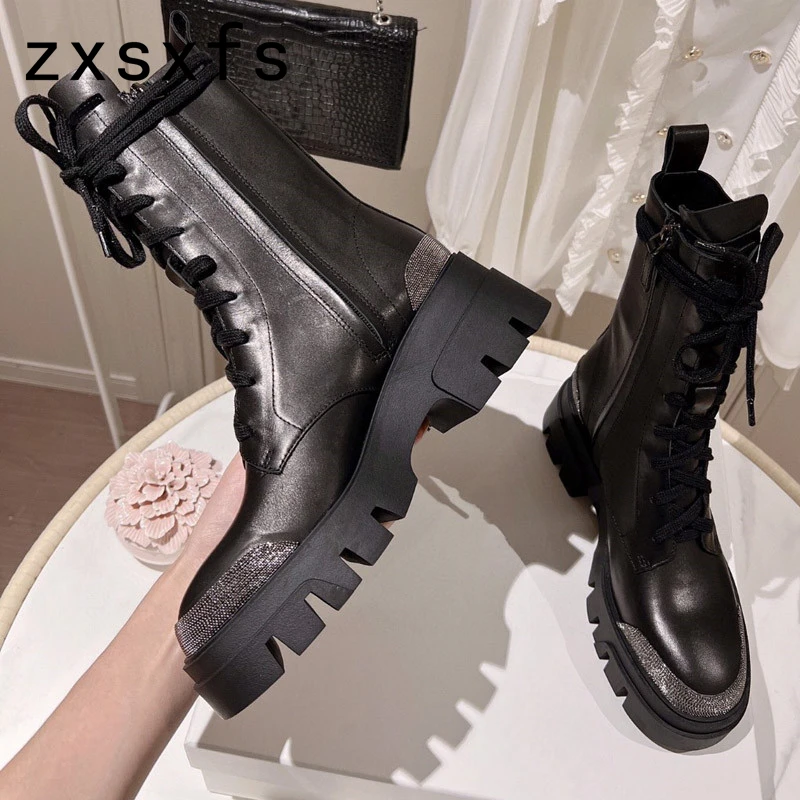 Botki na platformie z grubym dnem dla kobiet skóra bydlęca zamszowa projektant marki sznurowane buty motocyklowe Runway dla Chelsea Boots