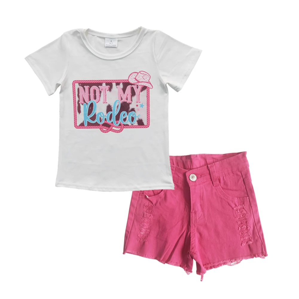 GT0139 	A9-24 Baby Girls Clothes NOT MY White Short Sleeve T-shirt Rose Red Button Denim Jeans Summer Children's Clothing