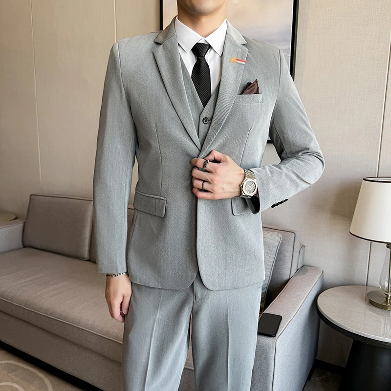 

2024 High-quality Men (suit + Vest + Trousers) Fashion Korean Version Slim-fit Coat Groom Best Man Dress Set High-grade Handsome