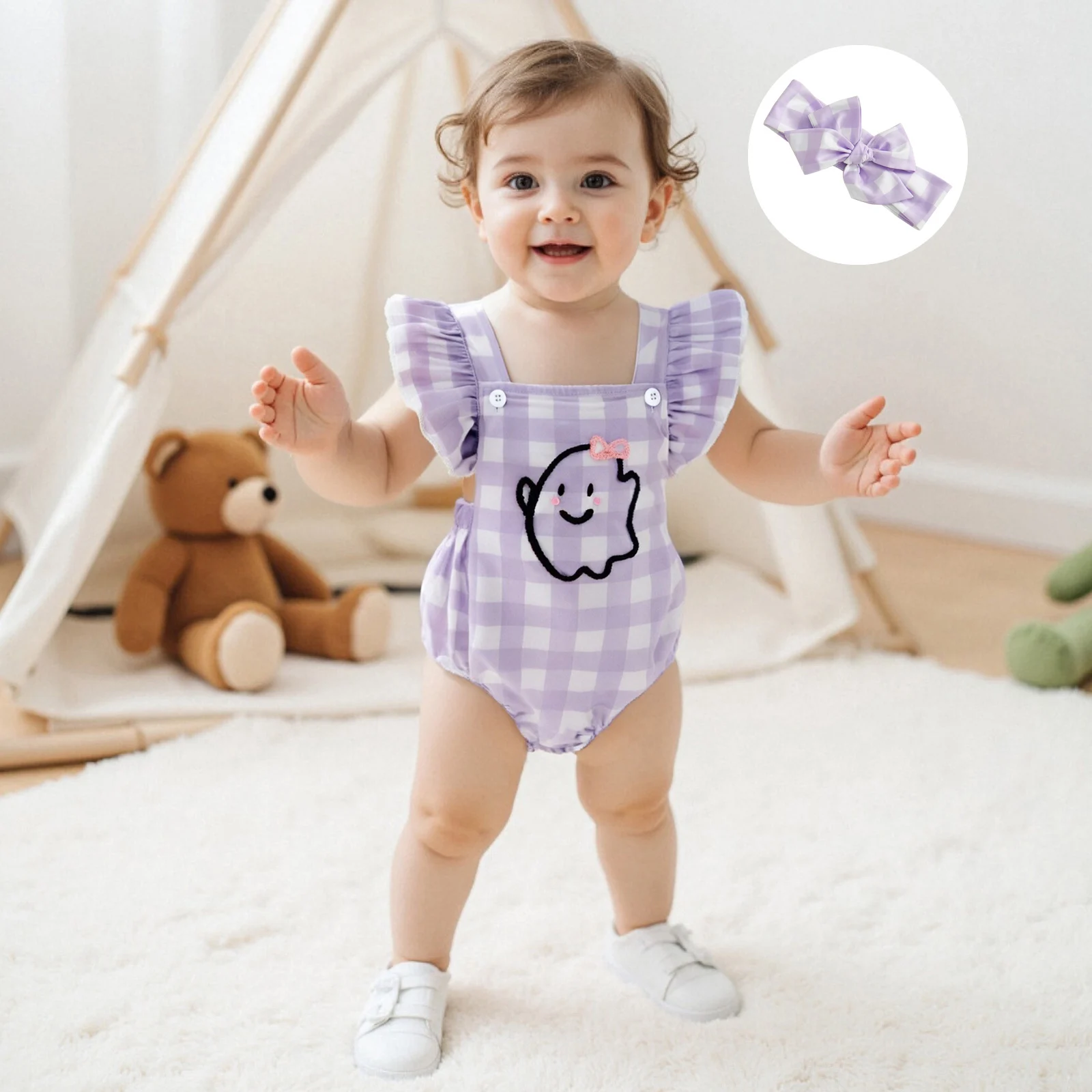 

Baby Girls Halloween Casual Rompers Ruffles Ghost Embroidery Plaid Print Romper with Headband Newborn Clothes