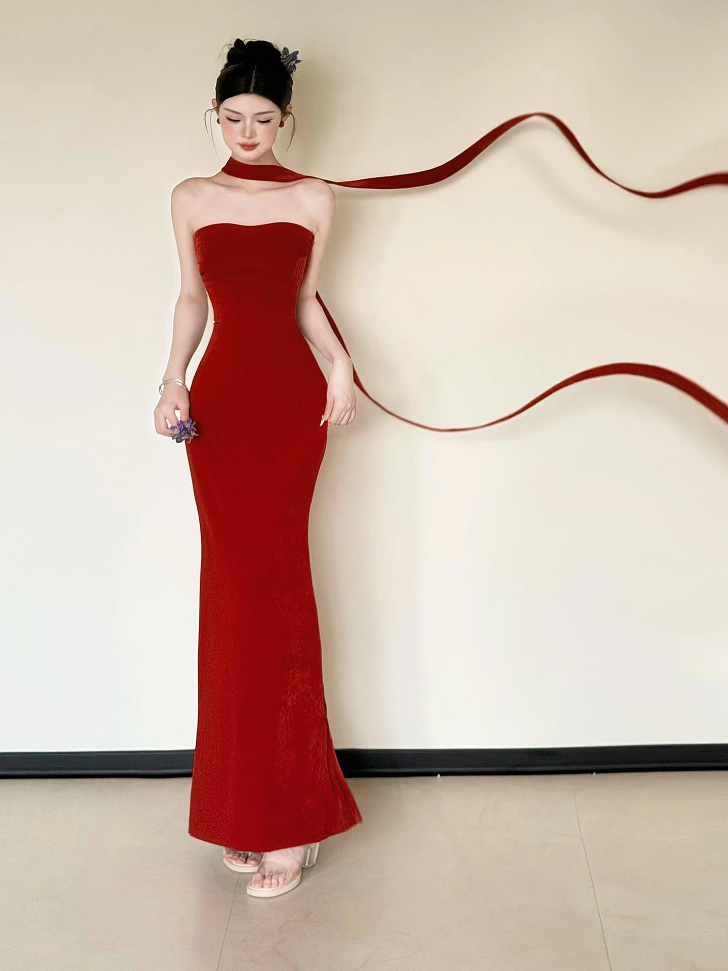 

Красное вечернее платье-русалка для беременных в корейском стиле с молнией, без рукавов, для торжественных мероприятий