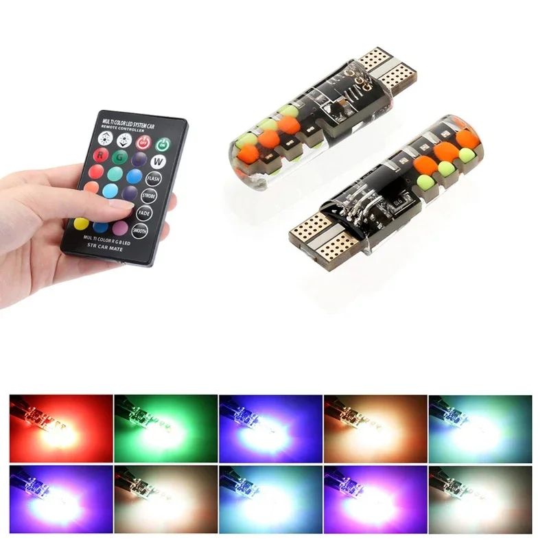 COB Remote Control T10 5050 Car LED Bulb 6 Multicolor RGB 12V Light Bulbs 2x