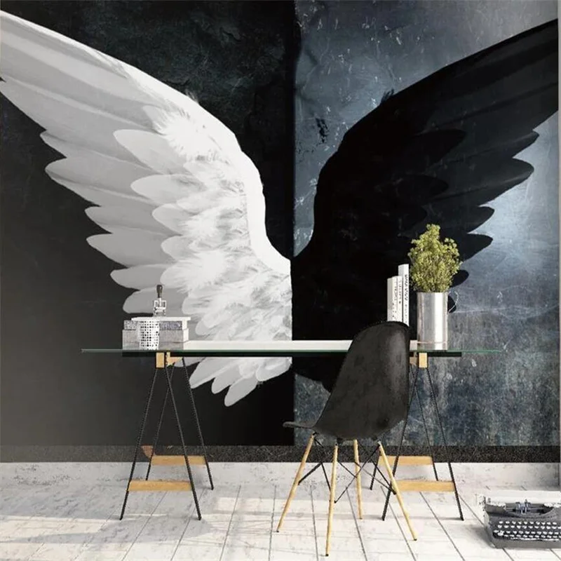 

welyu Customized 3d Mural Nordic Creative Black and White Angel Wings Living Room Bedroom Background Wall Living Room Decoration