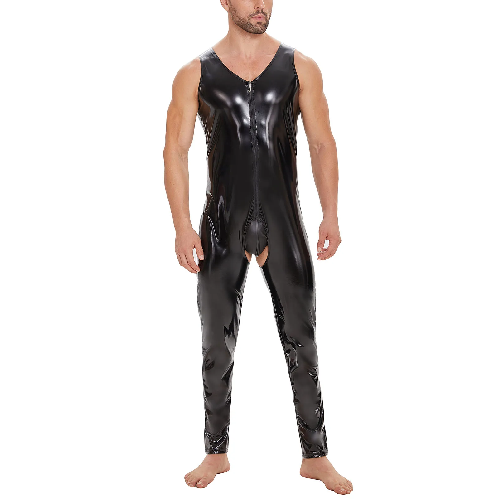 Mens Sexy Open Crotch Shiny Leather Jumpsuit Erotic Wetlook Leather Leotard Crotchless Male One-Piece Bodysuit Gay Clubwear Sexi