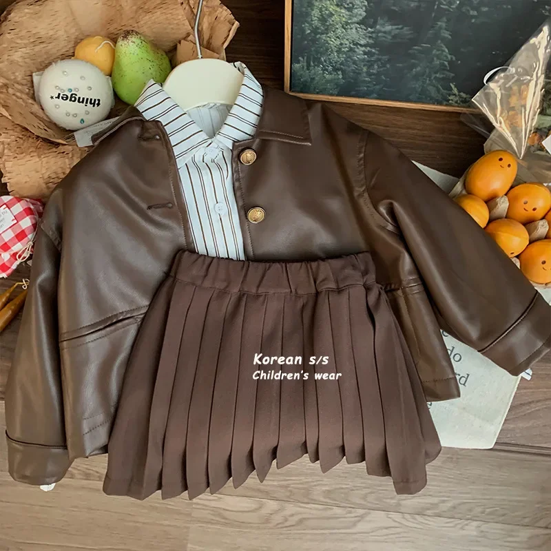 Girls Dress 2024 Autumn New Childrens Clothes Korean Style Brown Pleated Skirts Baby Girls Simple Foreign Style Skirts Tide