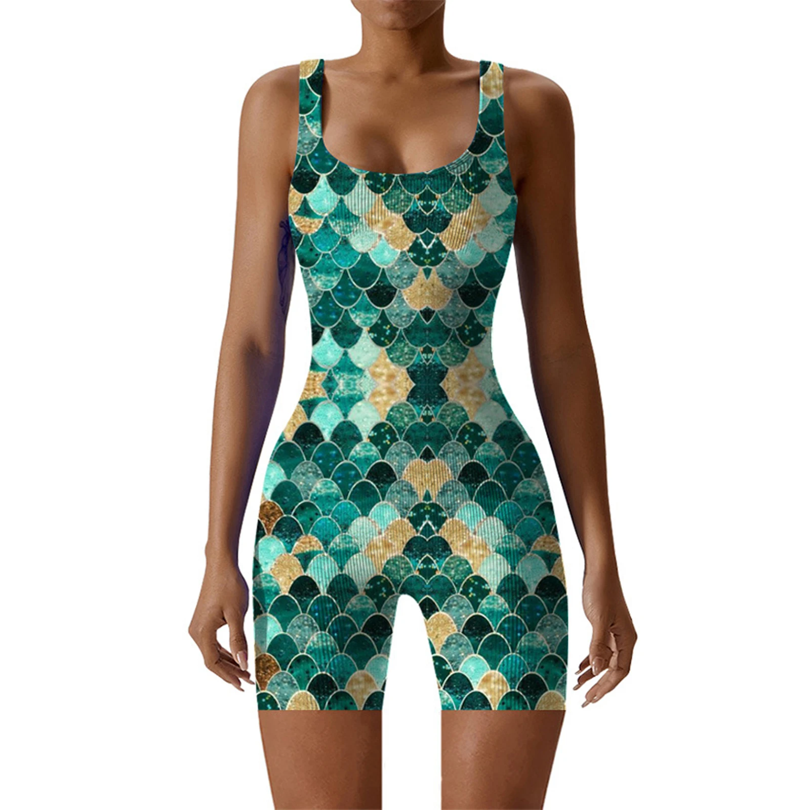 Women 3D Fish Scale Printed Jumpsuit Bathing Suit Yoga Sleeveless Square Neck Mermaid Bodysuit Swimsuit Shorts Ribbed Romper