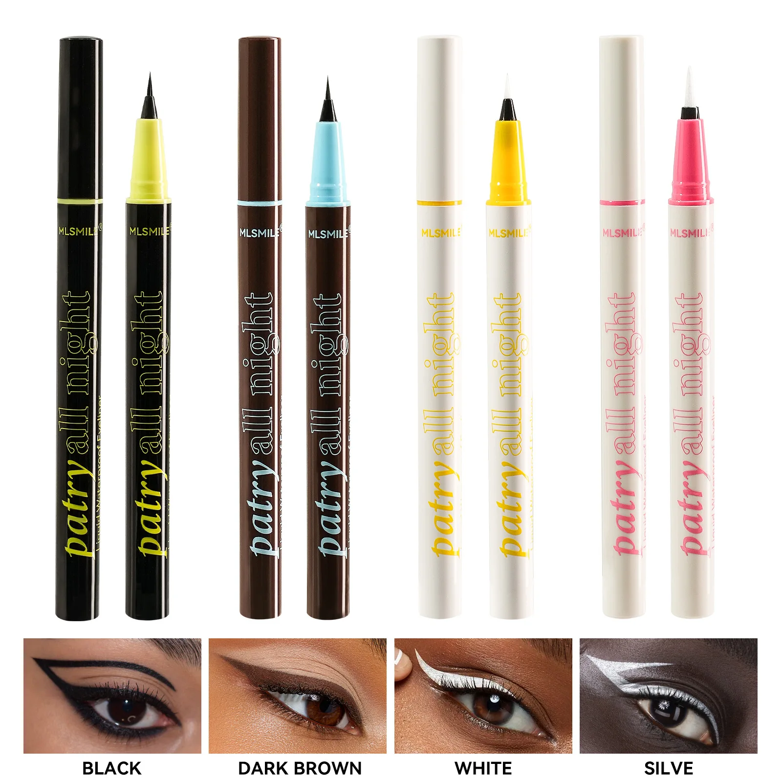 Longwear Liquid Eyeliner Kit 4 Pcs Set Natural Look Ultra Thin Tip White Black Deep Brown Metallic Silver Beginner Friendly