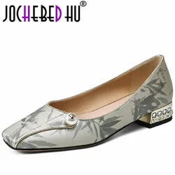 【JOCHEBED HU】Brand Genuine Leather shoes woman low heeled square toe elegant shoes Handmade plus size pumps 33-43