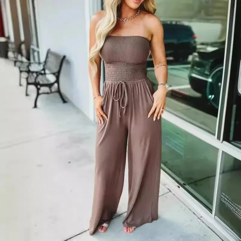 

UNITIM Summer Low Cut Rompers Playsuits for Ladies Solid High Waist Tube Top Casual Jumpsuit Sexy Wide Leg Pant Holiday Jumpsuit
