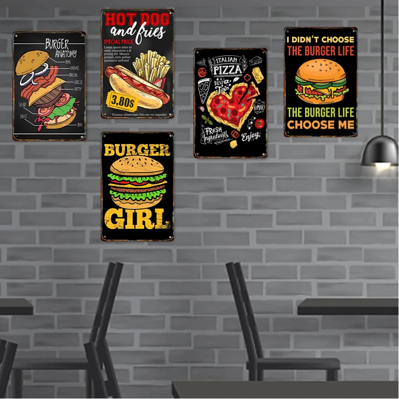 Hamburger Poster Metal Tin Sign Vintage Food Signage Tin Painting Restaurant Bar Club Shop Wall Art Home Decor Plaque Mural Gift