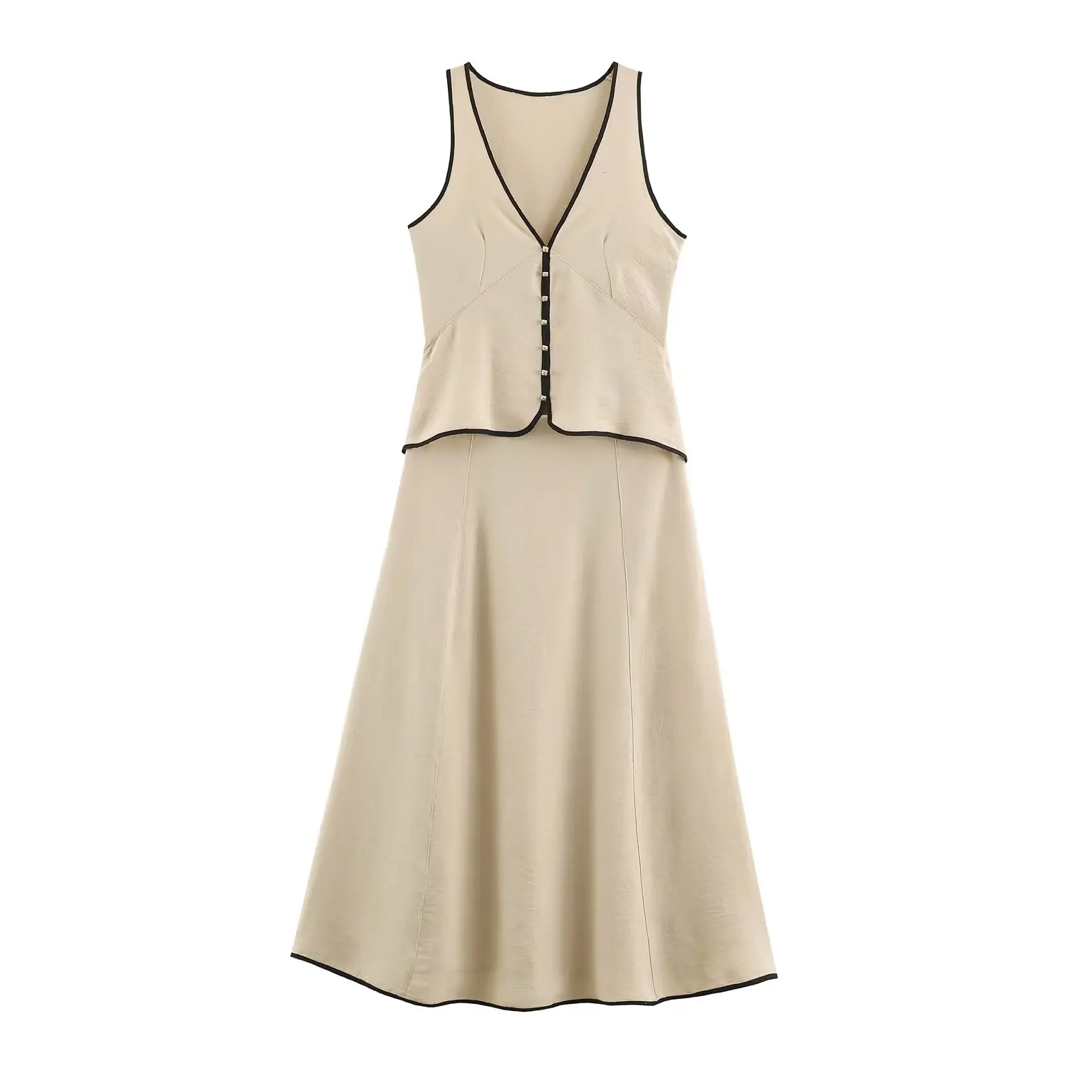 BSAY 2026 Sommer Neues Französisches Minimalistisches Damenkleid mit Kontrastbündchen Ärmellos Mehrlagig Tiefer V-Ausschnitt Zweiteiliges A-Linien-Midikleid – Detail 2