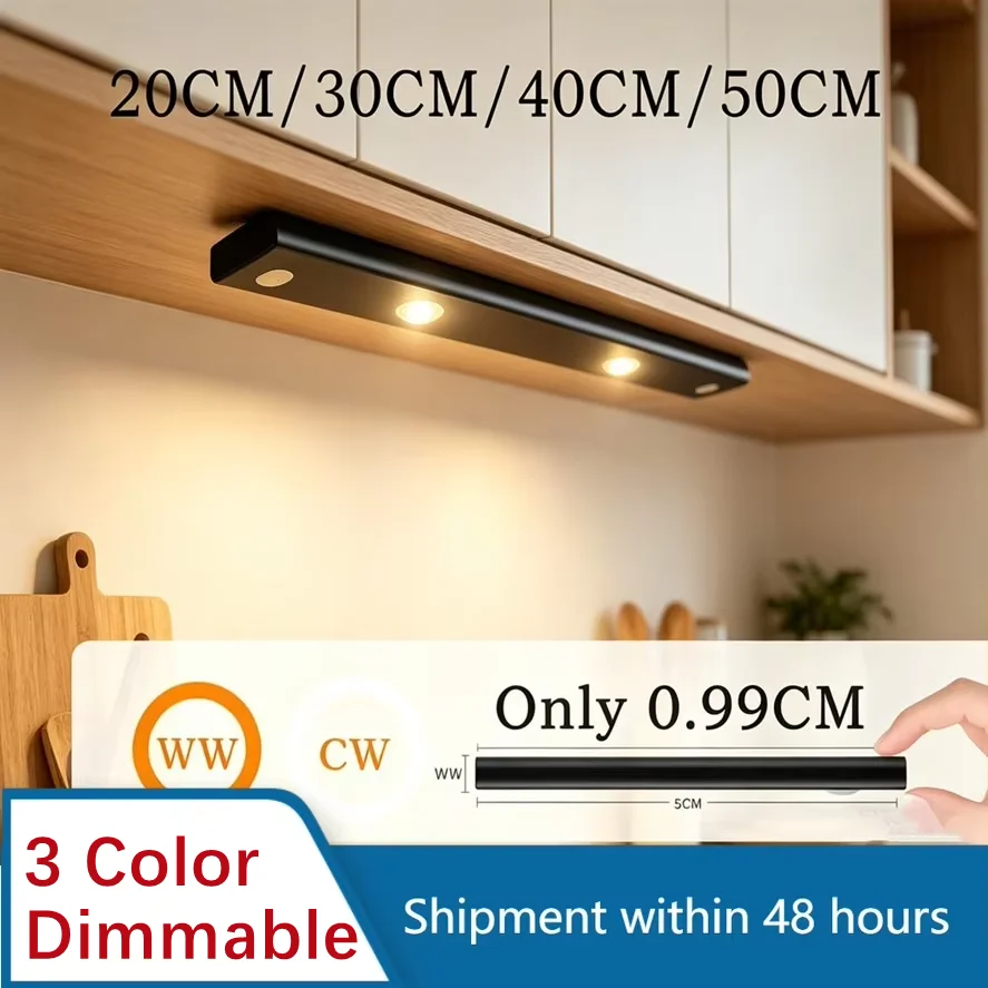 20CM/30CM/40CM/50CM LED Night Light 3 Color Dimmable Motion Sensor For Kitchen Wardrobe Cabinet Lighting USB Rechargeable Lamp