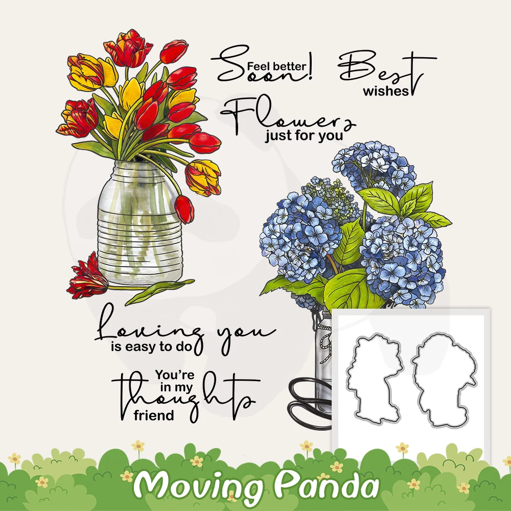 Blooming FlowersIn Vase Cutting Dies Clear Stamps Spring Series DIY Scrapbooking Metal Dies Silicone Stamps For Cards Albums