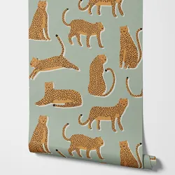Hand Paint Lionel wallpaper with simple line art drawn leopards on a vintage plain background