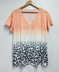 2024plus Size Short sleeved T-shirt women's casual European and American style V-neck gradually changing color short sleeved top