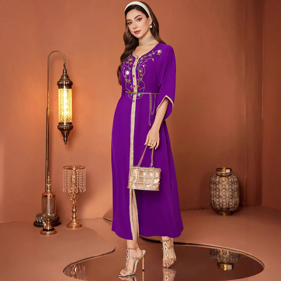 Muslim 2026 New Fashion Women Purple O-neck Long Sleeve Ankle Length Casual Trendy Elegant Dresses Female Arabian Clothes Abaya