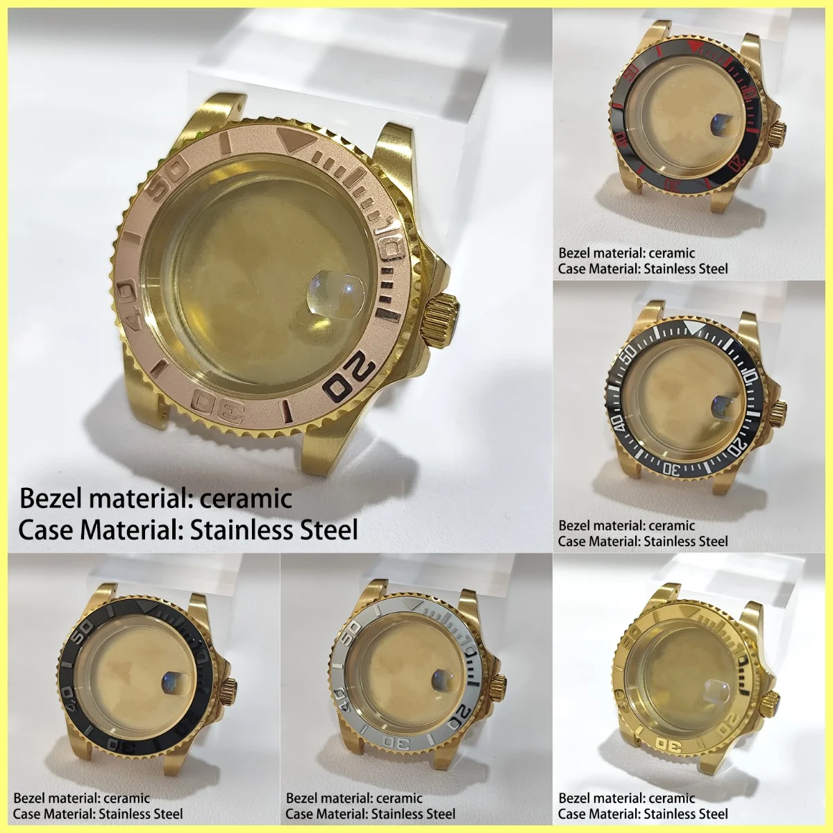 40.5MM Full Golden Stainless Steel Watch Case for NH36 NH35 Series Movement Collocation Watches Ceramic Bezel Fit 20mm Strap