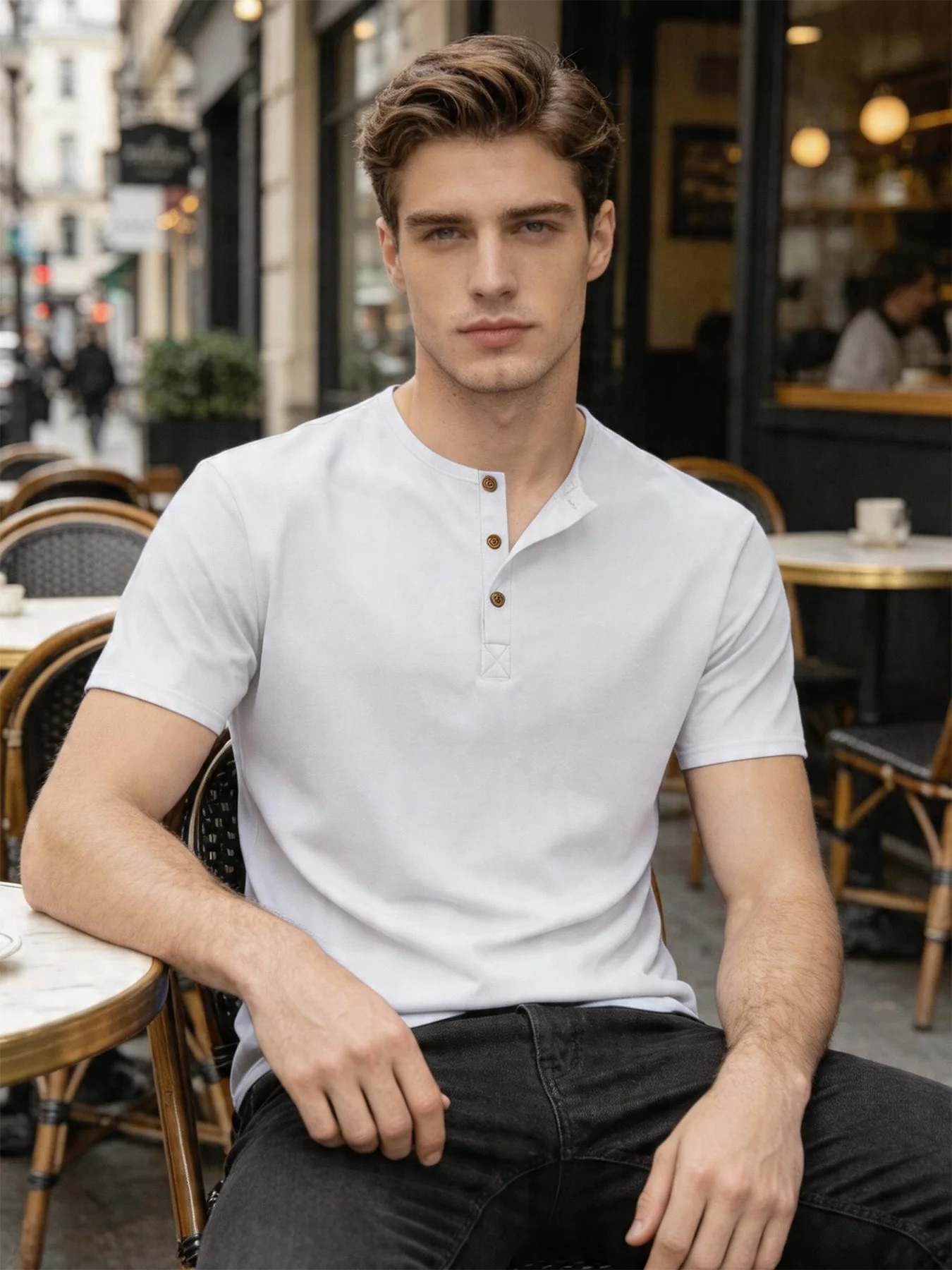 Summer Men's Solid Henley Short Sleeve T Shirt Lightable Breathable 3 Button Placket Casual Daily Basic Tops