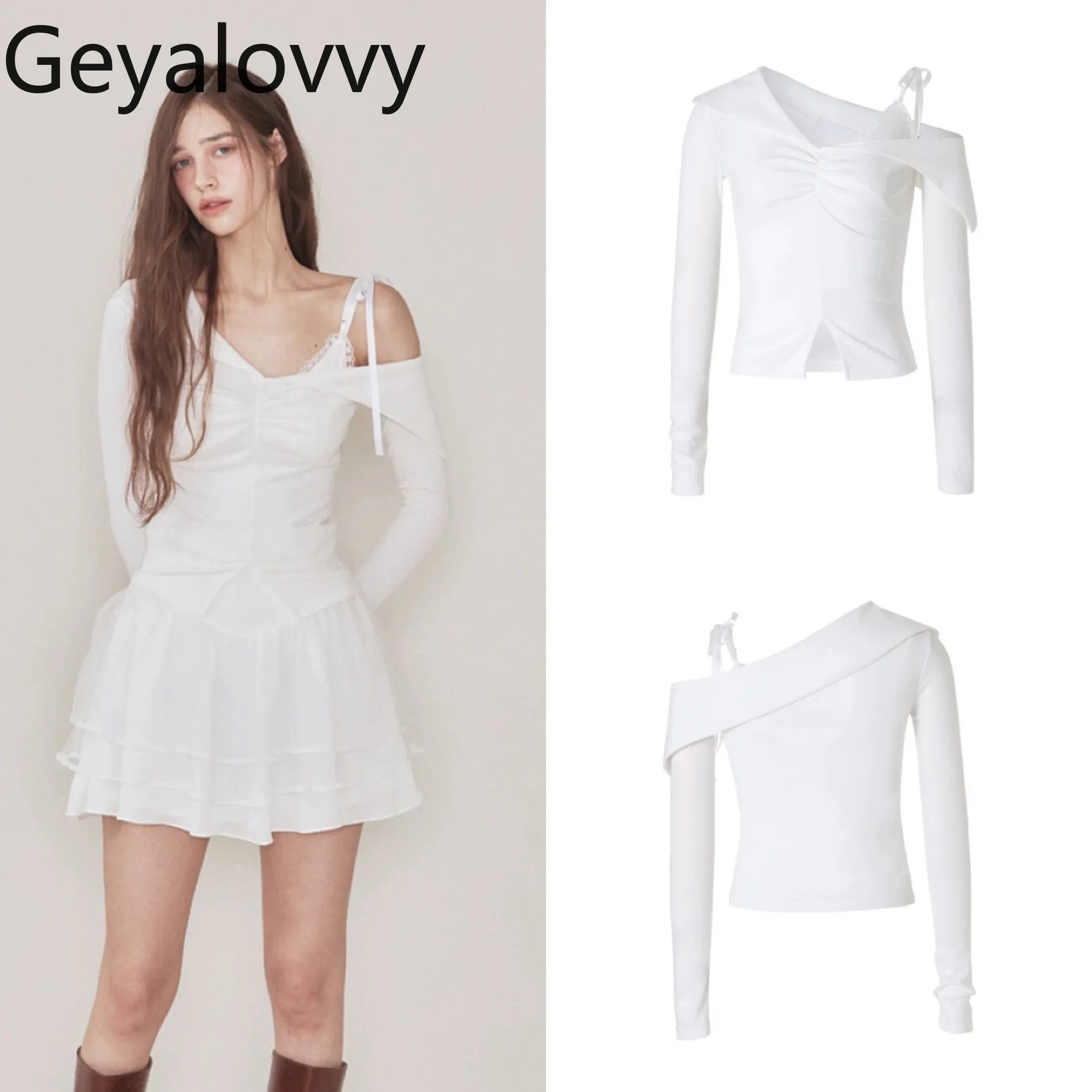 

2025 New Spring Autumn Casual Tee Girl Simple T-Shirt Lace Tie Vest with Turn-down Collar Long Sleeve T-shirts for Women