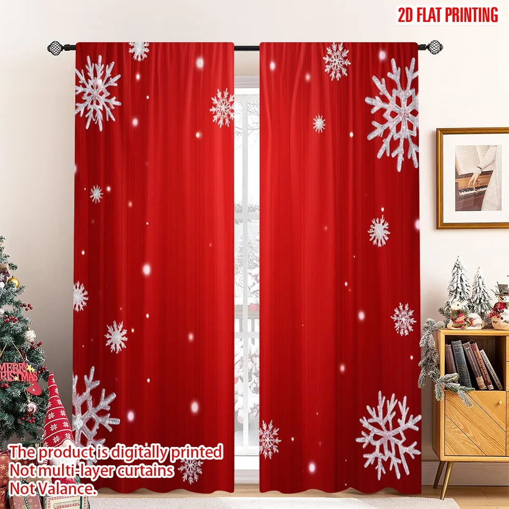 

2pcs 2D flat printing Christmas Curtains Christmas Snowflake Red Polyester Fabric Without Electricity Birthday Party Use for