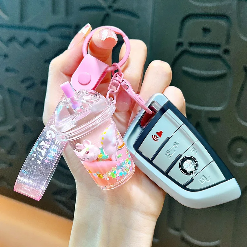 Cartoon Elk Milk Tea Cup Keychain Cute Floating Sika Deer Quicksand Keyring Kawaii Liquid Key Ring Charm Bag Pendant Accessories