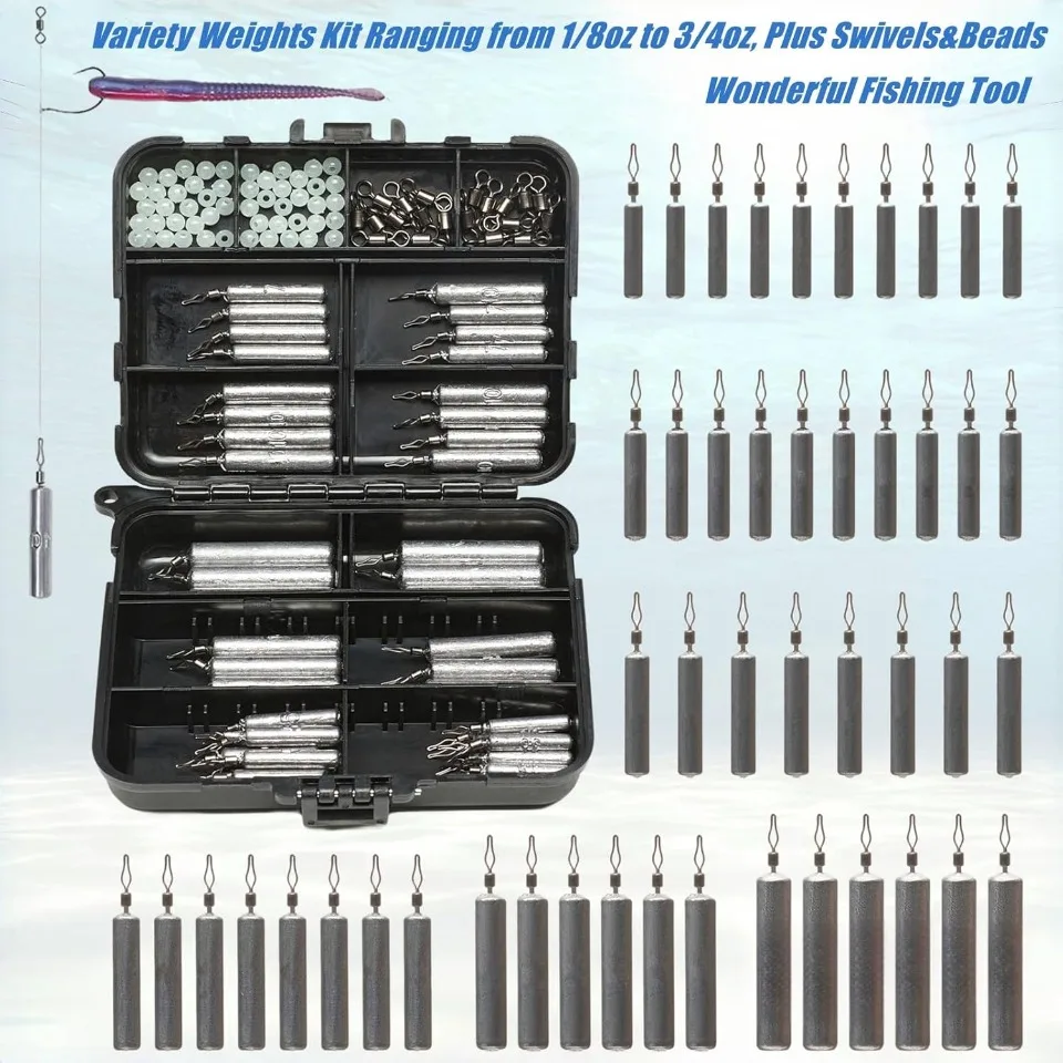 48Pcs Drop Shot Weights Kit - Slim Pencil Style Fishing Sinkers for Bass Casting, Freshwater with Swivels & Rig Beads